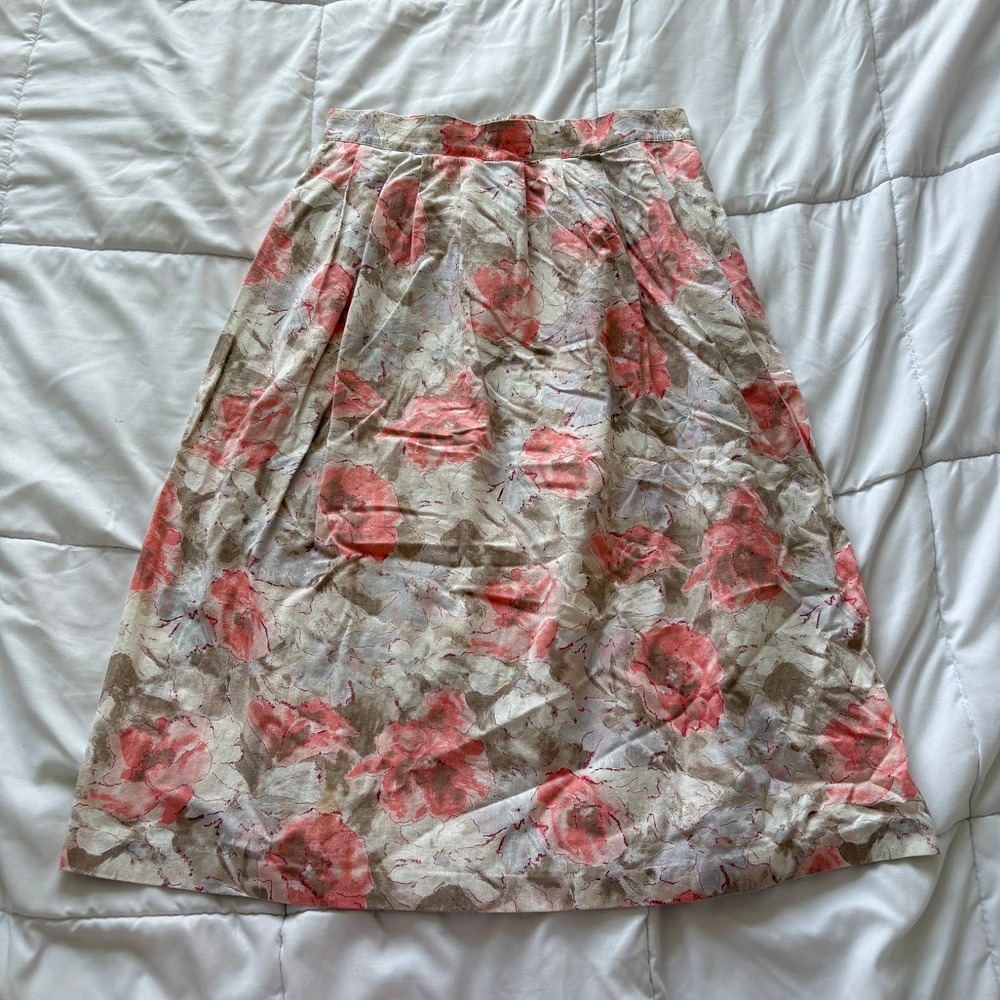 Vintage Flirt Floral 100% Cotton Midi Skirt Pink Tan Pleated USA Made 14 80s